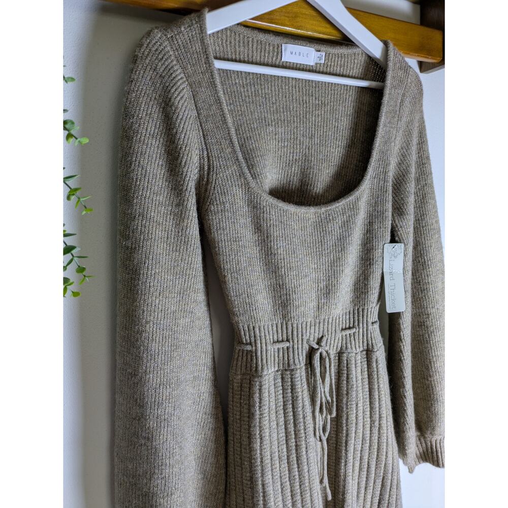 MABLE Brown Knit Balloon Sleeve Scoop Neck Ribbed Mini Sweater Dress Tie Waist - Picture 4 of 7